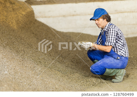 Male farmer looking at feed in warehouse 128760499