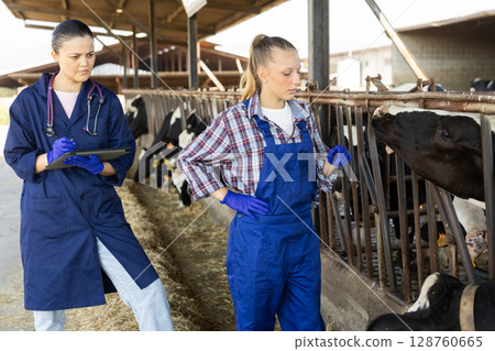 female farmer tells a veterinarian about the condition of the cows 128760665