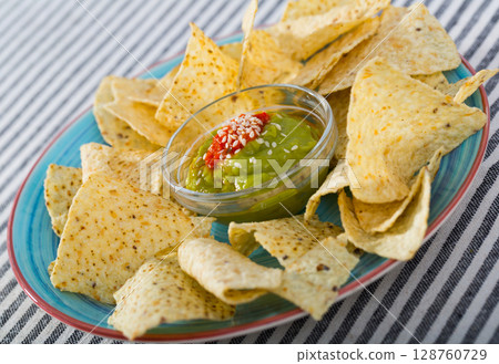 Nachos chips with guacamole Nachos chips with guacamole 128760729