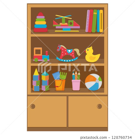 A cabinet with children's toys isolated on a white background in cartoon style A cabinet with children's toys isolated on a white background in cartoon style 128760734
