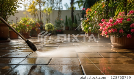 Woman pressure washing backyard patio, water spraying off dirt from stone tiles. 128760759