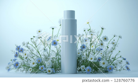 hamomile flowers around a skincare bottle against a pure white backdrop.  128760776