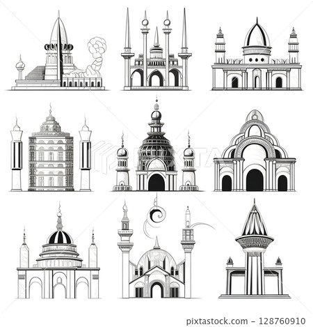 Classic architecture collection with ornate facades and historical styles. Classic architecture collection with ornate facades and historical styles. 128760910
