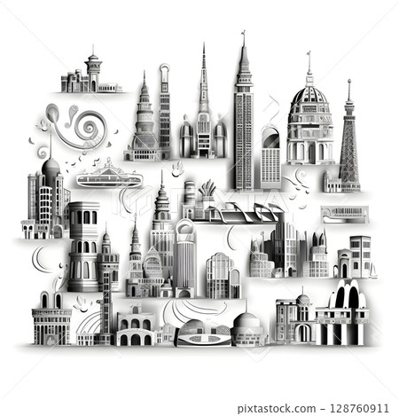 Classic architecture collection with ornate facades and historical styles.	 128760911