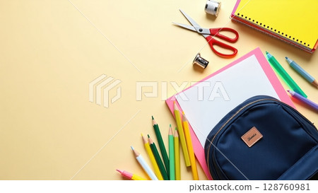 School Supplies Flat Lay on Neutral Background 128760981