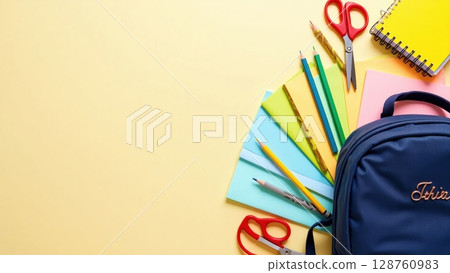 School Supplies Flat Lay on Neutral Background 128760983