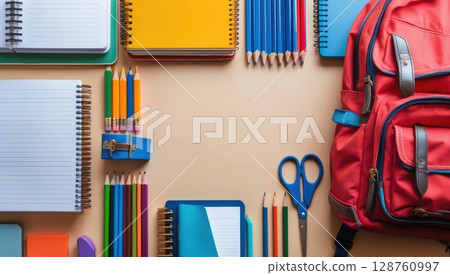 School Supplies Flat Lay on Neutral Background School Supplies Flat Lay on Neutral Background 128760997