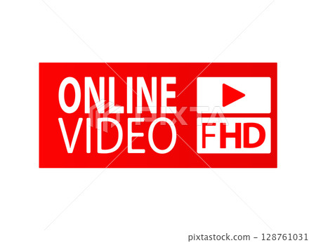 Button, icon or sign with the inscription Online video and the start video button 128761031