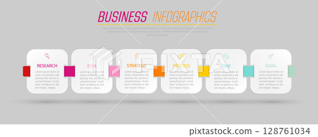 Business Infographics. 6 steps to achieve the result. Stages of development, workflow, marketing or plan. Business strategy with icons. Diagram of the report, statistics and training. Business Infographics. 6 steps to achieve the result. Stages of development, workflow, marketing or plan. Business strategy with icons. Diagram of the report, statistics and training. 128761034