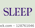Elegant serif typography with decorative purple swirls forming the word sleep on a soft pastel background 128761046