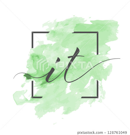 Calligraphic lowercase letters I and T are written in a solid line on a colored background in a frame 128761049