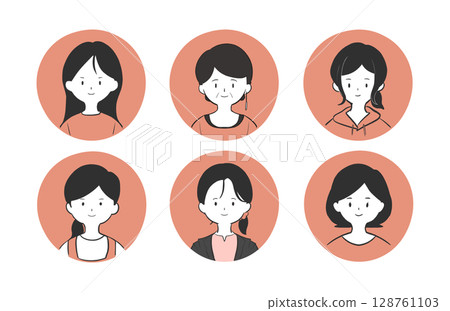 Set of 6 women icons with various hairstyles and casual clothes | Young women, casual clothes, hairstyle, bust up, icon Set of 6 women icons with various hairstyles and casual clothes | Young women, casual clothes, hairstyle, bust up, icon 128761103