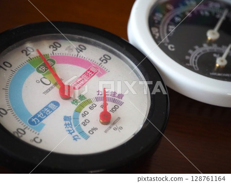 Photo of two thermometers and hygrometers taken from left 128761164