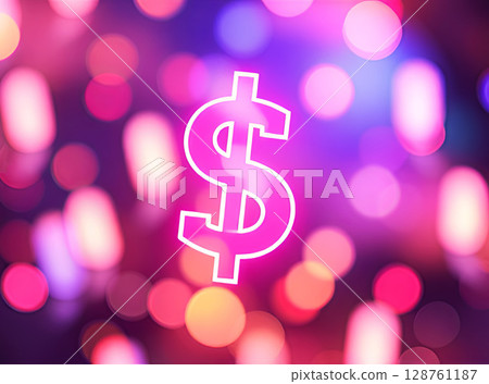Glowing neon dollar sign symbol on vibrant colorful bokeh background, financial and money concept with bright pink and purple lights 128761187