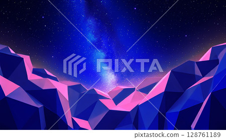 Abstract low poly purple mountains under starry night sky with glowing Milky Way, futuristic geometric landscape with vibrant colors and cosmic atmosphere 128761189