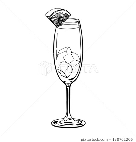 Hand drawn vector illustration of a champagne cocktail in a flute glass with ice cubes and citrus wedge garnish elegant black and white line art style isolated on white background for bar menu design 128761206