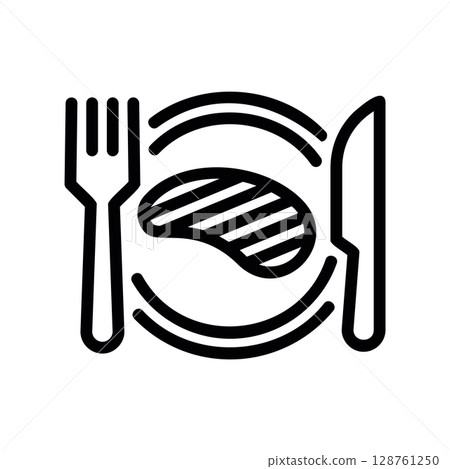 Dinner plate with a grilled steak, fork, and knife icon 128761250