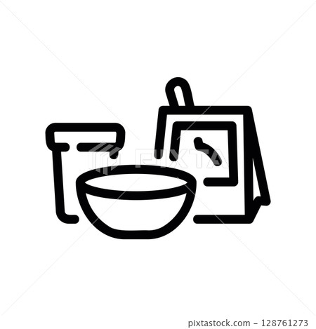 Baking ingredients including a mixing bowl and a bag of flour Baking ingredients including a mixing bowl and a bag of flour 128761273