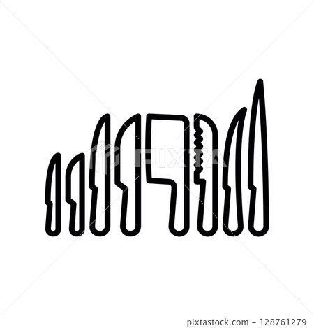 Assortment of Kitchen Knives and a Cleaver Arranged in a Row Assortment of Kitchen Knives and a Cleaver Arranged in a Row 128761279