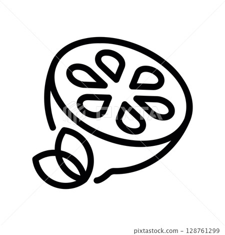 Outline of a half lemon decorated with two fresh leaves Outline of a half lemon decorated with two fresh leaves 128761299