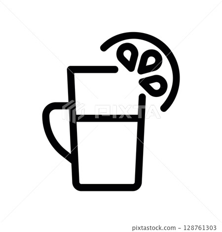 Outline of a refreshing drink in a glass with a lemon slice garnish 128761303