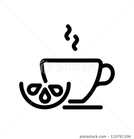 A steaming cup of hot tea served with a fresh lemon slice icon A steaming cup of hot tea served with a fresh lemon slice icon 128761306