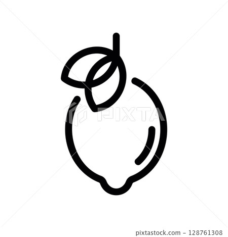 A whole fresh lemon with a stem and a single leaf line icon A whole fresh lemon with a stem and a single leaf line icon 128761308