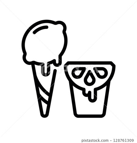 Line art icon set of lemon sorbet and an ice cream cone Line art icon set of lemon sorbet and an ice cream cone 128761309