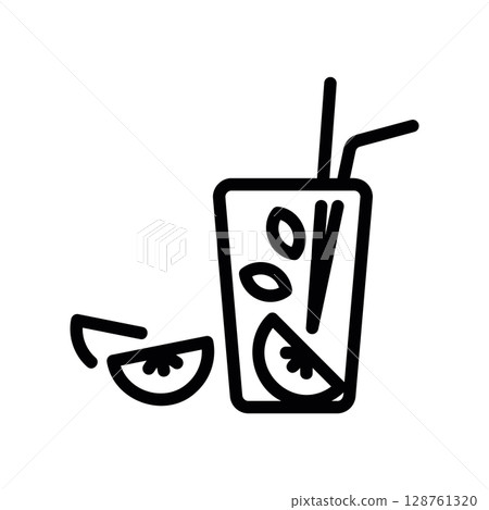 A refreshing glass of lemonade with ice, a straw, and garnishes 128761320