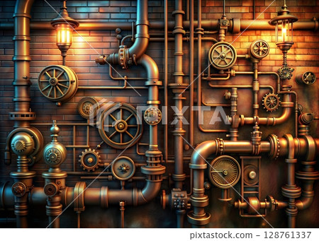 Vintage Industrial Pipes and Mechanisms Against Brick Wall 128761337