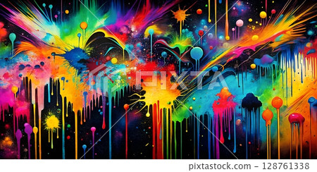 A vibrant abstract painting with colorful splashes and drips creating a dynamic and energetic visual experience 128761338