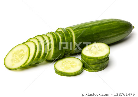 Photo of sliced green ripe natural organic cucumber isolated on white background 128761479