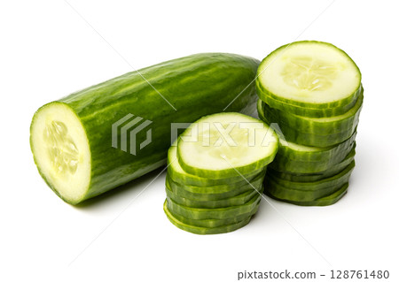 Photo of sliced green ripe natural organic cucumber isolated on white background Photo of sliced green ripe natural organic cucumber isolated on white background 128761480