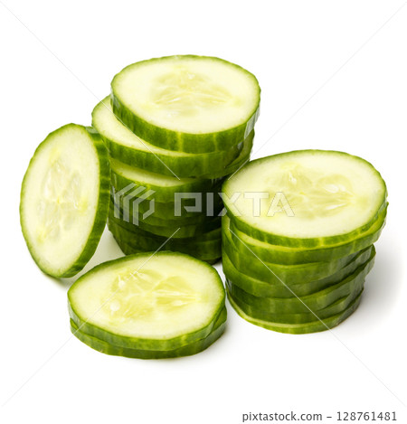 Photo of sliced green ripe natural organic cucumber isolated on white background 128761481