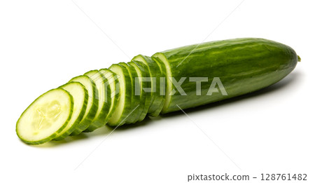 Photo of sliced green ripe natural organic cucumber isolated on white background 128761482