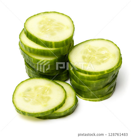 Photo of sliced green ripe natural organic cucumber isolated on white background 128761483