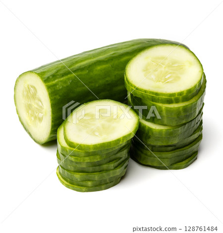 Photo of sliced green ripe natural organic cucumber isolated on white background 128761484