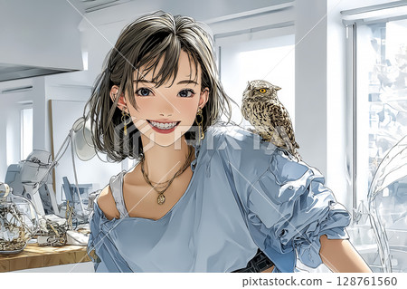 貓頭鷹咖啡館插畫：一位微笑的女人，肩上停著一隻貓頭鷹 128761560