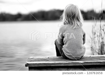Child sitting alone on wooden dock facing calm lake symbolizing solitude, contemplation, innocence 128761658