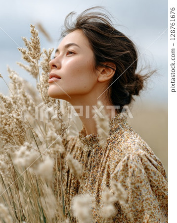 Asian woman in floral dress surrounded by tall grass in a serene outdoor setting 128761676