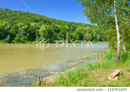 lake near forest. beautiful view of a nature landscape in summer. calm sunny morning in carpathian mountains. country scenery under clear blue sky. vacations in remote place 128761697