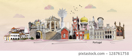 Portugal travel photo collage. Travel places landmarks postcard. Coimbra, Sintra, Porto, Portugal travel photo collage. Travel places landmarks postcard. Coimbra, Sintra, Porto, 128761758