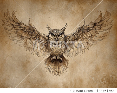Majestic owl illustration with intricate details and wings spread against a textured background 128761768