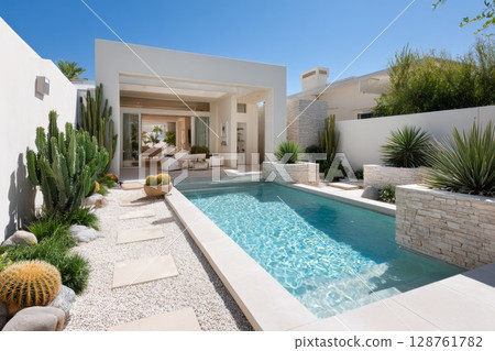 Modern backyard oasis featuring a serene swimming pool and lush desert landscaping elements 128761782