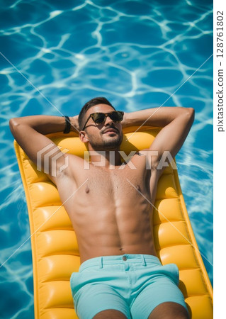 Young man relaxing on a yellow float in a swimming pool under bright sunlight with clear water Young man relaxing on a yellow float in a swimming pool under bright sunlight with clear water 128761802