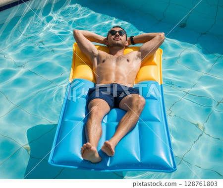Man relaxing on colorful inflatable pool float in clear water under bright sunlight 128761803