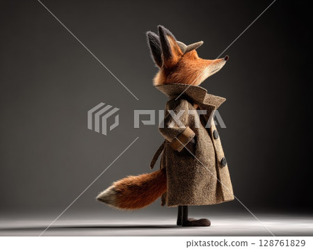 Fox character in stylish coat standing confidently against a dark background with dramatic lighting Fox character in stylish coat standing confidently against a dark background with dramatic lighting 128761829