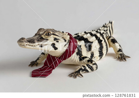 Fashionable crocodile wearing a stylish red tie on a neutral background showcasing unique style Fashionable crocodile wearing a stylish red tie on a neutral background showcasing unique style 128761831
