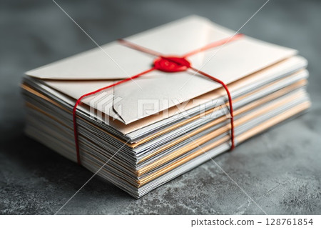 Stacked envelopes tied with red string, showcasing vintage correspondence and elegant design elements 128761854