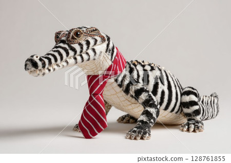 Fashionable crocodile plush toy wearing a striped tie, showcasing unique design and style 128761855